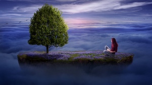 Surreal, Dream, Woman, Floating, Lone tree, Above clouds, Sunrise, 4K wallpaper