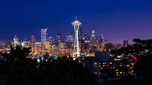 Space Needle, Washington, Cityscape, City lights, Night time, Skyscrapers, Landmark, 4K wallpaper