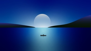 Moon, Night, Seascape, Sailing boat, Blue, Minimalist, 4K wallpaper