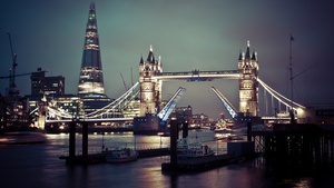 Tower Bridge, London, United Kingdom, Cityscape, City lights, Night time, Skyscrapers, Landmark, Famous Place, The Shard, Body of Water, England, 4K wallpaper