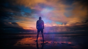 Standing Man, Beach, Body of Water, Planet Earth, Silhouette, Cloudy Sky, Outdoor, Dusk, Sunrise, Reflection, 4K wallpaper