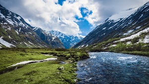 Valley, Glacier mountains, Snow covered, Landscape, Water Stream, Scenery, White Clouds, River, 4K wallpaper