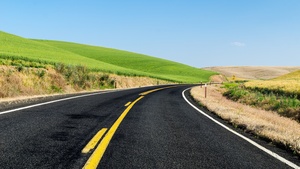 Green Meadow, Road, Landscape, Scenery, Beautiful, Blue Sky, Clear sky, 4K wallpaper