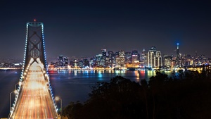 Oakland Bay Bridge, San Francisco, Cityscape, City lights, Night time, Skyline, Skyscrapers, Landmark, Long exposure, Light trails, 4K wallpaper