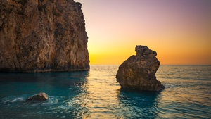 Milos Beach, Greece, Lefkada Island, Lone rock, Sunset Orange, Clear sky, Cliff, Horizon, Seascape, Water waves, Ocean blue, 4K wallpaper