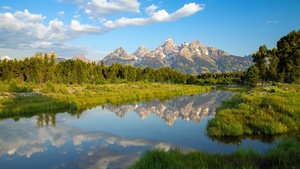 Teton Range, Rocky Mountains, Wyoming, USA, Mirror Lake, Reflection, Clouds, Blue Sky, Clear sky, Green Trees, Landscape, Scenery, 4K wallpaper