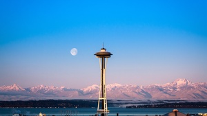 Space Needle, Seattle, Modern architecture, Landmark, Glacier mountains, Snow covered, Mountain range, Blue Sky, Clear sky, Moon, Foggy, Sunrise, 4K wallpaper