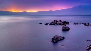 Rocky coast, Rock formations, Seascape, Ocean, Mountain, Sunrise, Purple sky, Dawn, Long exposure, Scenery, 4K wallpaper