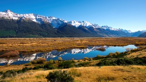 New Zealand, Landscape, Glacier mountains, Snow covered, Mountain range, Reflection, Blue Sky, Scenery, 4K wallpaper