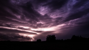 Lightning Strike, Thunderstorm, Stormy Clouds, Silhouette, Purple sky, Landscape, Long exposure, Sunset, Natural Phenomena, 4K wallpaper