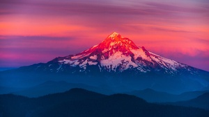 Mount Hood, Alpenglow, Oregon, Sunset, Pink sky, Mountain Peak, Glacier mountains, Snow covered, Landscape, Scenic, Beautiful, 4K wallpaper