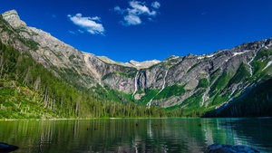 Montana, USA, Glacier National Park, Landscape, Mountain range, Clear sky, Blue Sky, Scenery, Reflection, Green Trees, HDR, 4K wallpaper