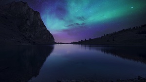 Bannalpsee, Switzerland, Aurora Borealis, Starry sky, Landscape, Mountains, Silhouette, Astronomy, Digital composition, Body of Water, Reservoir, Reflection, 4K wallpaper