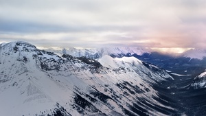Cloudy, Glacier mountains, Snow covered, Sunrise, Landscape, Mountain range, Misty, Winter, 4K wallpaper
