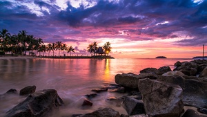 Malaysia, Sunset, Seascape, Palm trees, Landscape, Rocky coast, Long exposure, Cloudy Sky, Tourist attraction, 4K wallpaper