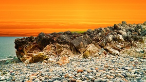 Landscape, Orange sky, Rocks, Pebbles, Sunset, Ocean, Coastal, Scenery, Water, 4K wallpaper