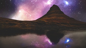 Colorful, Night sky, Starry sky, Nebula, Outer space, Body of Water, Reflection, Purple, Night time, Landscape, Mountains, 4K wallpaper
