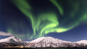 Aurora Borealis, Astronomy, Northern Lights, Mountains, Snow covered, Landscape, Stars, Night sky, Scenery, 4K wallpaper