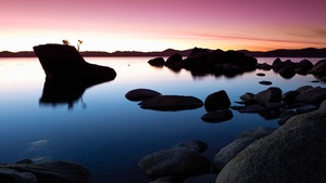Landscape, Rocks, Lake, Sunset, Dusk, Pink sky, Body of Water, Reflection, Clear sky, 4K wallpaper