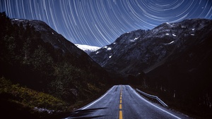 Mountains, Star Trails, Road, Tarmac, Night, Timelapse, Dark, 4K wallpaper