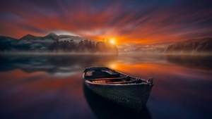 Sunset, Boat, Lake, Reflections, Dawn, Mountains, Fog, Trees, 4K wallpaper