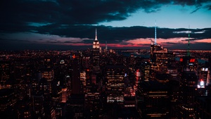 Rockefeller Center, New York, United States of America, Cityscape, Skyline, City lights, Night time, Cloudy Sky, Aerial view, Skyscrapers, 4K wallpaper