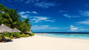Island, Seascape, Tropical beach, Blue Sky, Horizon, Ocean, Landscape, Huts, Scenery, 4K wallpaper