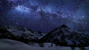 Glacier mountains, Milky Way, Snow covered, Night time, Landscape, Galaxy, Stars, Long exposure, Astronomy, Digital composition, 4K wallpaper