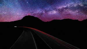 Mountain silhouette, Light trails, Long exposure, Astronomy, Starry sky, Galaxy, Milky Way, Road, Night time, Outer space, Purple sky, 4K wallpaper