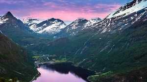 Norway, Valley, Village, Sunset, Glacier mountains, Snow covered, Mountain range, Landscape, Reflection, Purple sky, 4K wallpaper