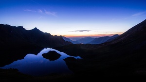 Schrecksee Lake, Sunset, Germany, Mirror Lake, Hinterstein, Landscape, Mirror Lake, Reflection, Mountain range, Silhouette, Dusk, Night time, 4K wallpaper
