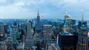 New York City, Cityscape, City lights, Sunset, Skyline, Landmarks, Skyscrapers, Aerial view, High rise building, Evening sky, Horizon, 4K wallpaper