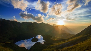 Schrecksee Lake, Germany, Sunset, Mirror Lake, Hinterstein, Landscape, Reflection, Sun rays, Mountain range, White Clouds, 4K wallpaper