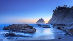 Sunset, Oregon, Rocky coast, Cliff, Seascape, Horizon, Landscape, Long exposure, Clear sky, 4K wallpaper