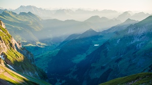 Switzerland, Alpstein, Landscape, Mountain range, Valley, Viewpoint, Fog, Sunrise, 4K wallpaper
