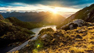 Fiordland, New Zealand, Sunrise, Mountain View, Mountain range, Landscape, Clouds, Sun rays, 4K wallpaper