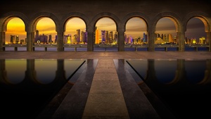Doha, Qatar, Arches, City lights, Long exposure, City Skyline, Skyscrapers, HDR, Pattern, 4K wallpaper