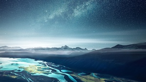 Mountains, Starry sky, Cold, Night, Aerial view, Landscape, 4K wallpaper