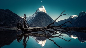 Mitre Peak, Moon, New Zealand, Milford Sound, Snow mountains, Blue Sky, Water, Reflection, 4K wallpaper