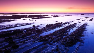 Fitzgerald marine reserve, California, USA, Moss Beach, Rocks, Sunset, Purple sky, Landscape, Seascape, Body of Water, Horizon, Clear sky, 4K wallpaper