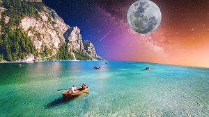 Holidays, Moon, Starry sky, Tour, Seascape, Boating, Collage, Couple, Cliff, 4K wallpaper