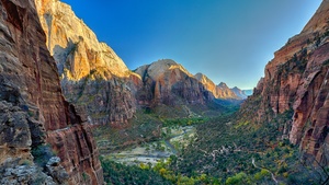 Utah, Zion National Park, Rock formations, Famous Place, Tourist attraction, Mountains, Valley, Landscape, Cliffs, Blue Sky, 4K wallpaper