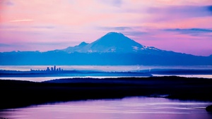 Mount Rainier, Washington State, Seattle, Mountain Peak, Purple sky, Fog, Landscape, Sunrise, Silhouette, 4K wallpaper