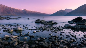 Mountain range, Dusk, Body of Water, Landscape, Long exposure, Rocks, Lake, Pink sky, 4K wallpaper