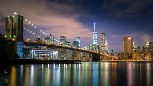 Brooklyn Bridge, Reflections, New York, Cityscape, City lights, Body of Water, Skyscrapers, Suspension bridge, Skyline, Night time, 4K wallpaper