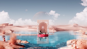 Astronaut, Vacation, Desert, Landscape, Dreamlike, Futuristic, Cosmic, Portal, Ethereal, Exploration, Celestial, Surrealism, Tranquil, Dystopian, Digital Art, Aesthetic, 4K wallpaper