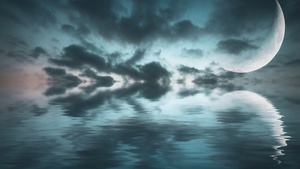 Ocean, Crescent Moon, Sea, Body of Water, Reflection, Dark clouds, Night sky, Scenery, 4K wallpaper