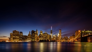 New York City, Long exposure, Skyline, Brooklyn Bridge Park, Waterfront, Night time, Cityscape, City lights, Reflection, Skyscrapers, 4K wallpaper