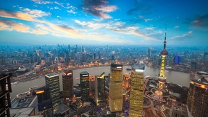 Shanghai City, Aerial view, China, Cityscape, Skyline, Sunset, Skyscrapers, High rise building, Oriental Pearl Tower, Evening sky, Clouds, 4K wallpaper