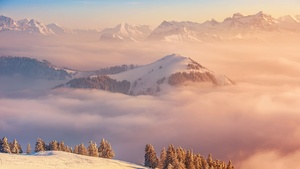 Mountain range, Landscape, Snow covered, Winter, Switzerland, Foggy, 4K wallpaper